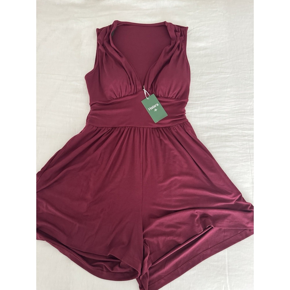 Halara Women's M Burgundy Plunge Neck Sleeveless Flowy Romper NWT
